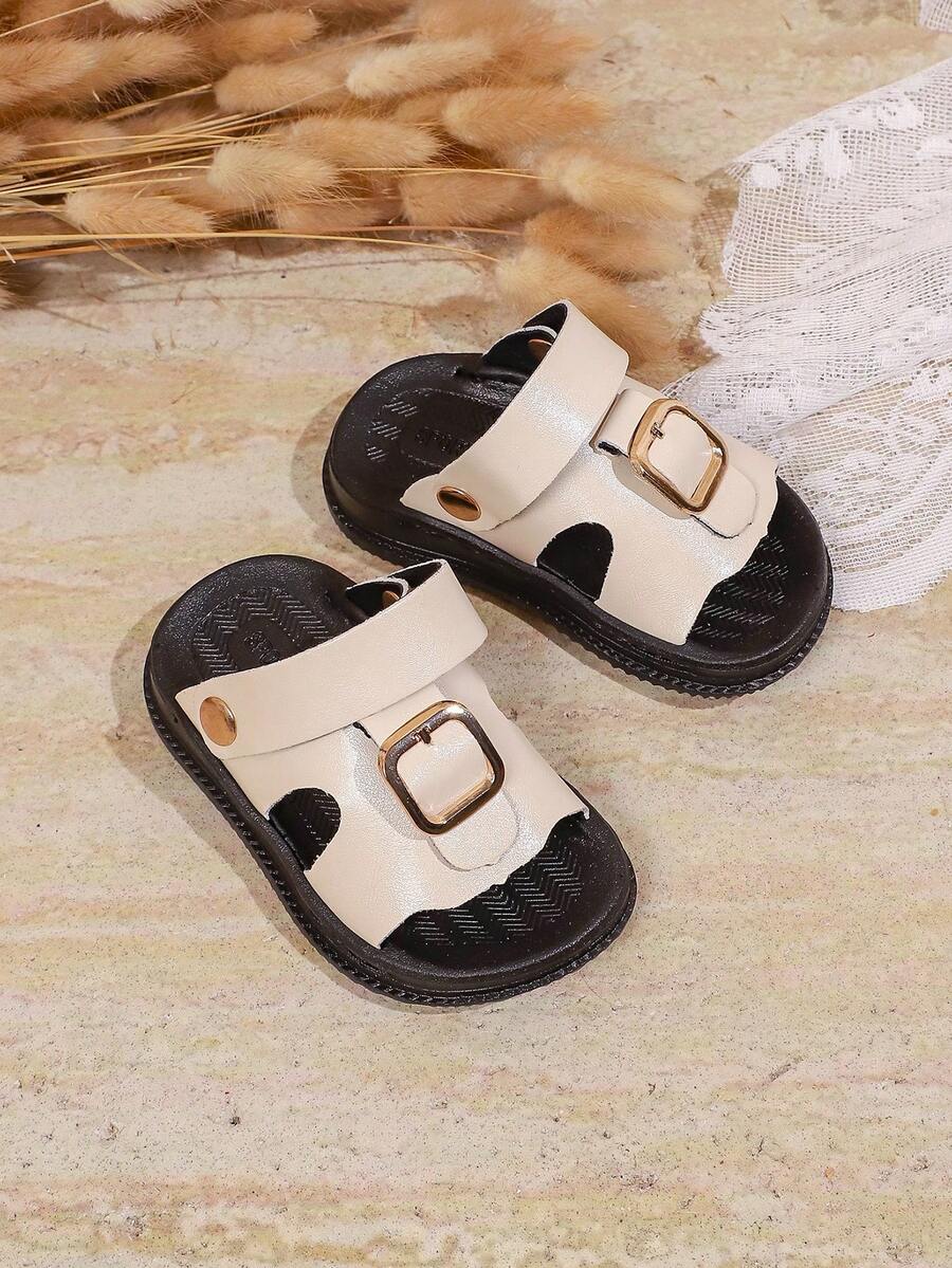 Sandalias de verano para niños pequeños con diseño de 2 correas y hebilla - Sandalias abiertas de deslizamiento suave y antideslizante para niños y niñas para la playa y la piscina - Beis - Ver 1