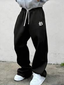Men's Casual Pants With Letter Print And Drawstring Waist, Suitable For Daily Wear, Outing, And Sports - Black - View 5