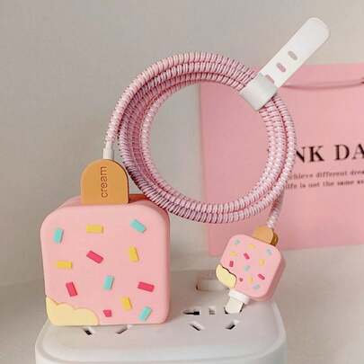 Set de 4 piezas: Protector de cargador con diseño de helado y funda protectora de cable de datos en espiral
