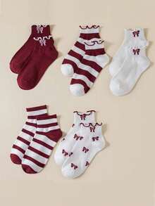 5 Pairs Women's Cute Bow Print & Ruffle Trim Ankle Socks, Breathable Cotton Lace Ankle Socks For Spring/Summer, Adorable Burgundy White Striped Ankle Socks, Cute Cotton Ankle Socks For Women In Spring/Summer - Multicolor - View 3