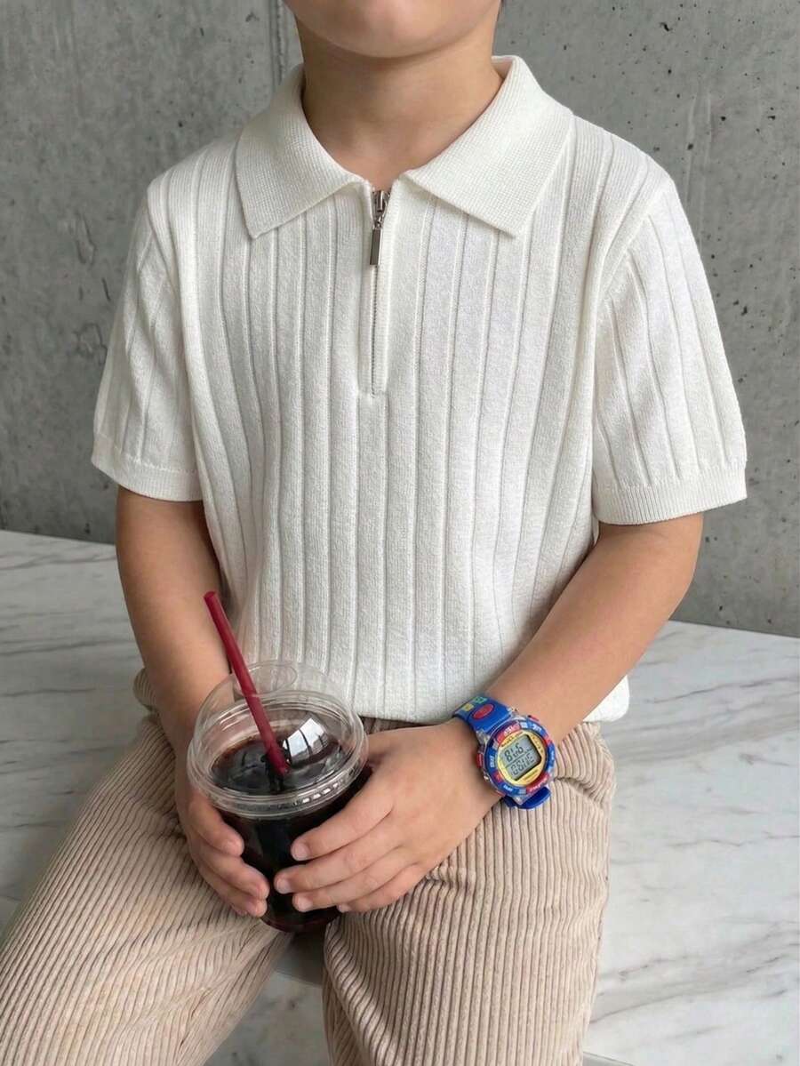 Boys' Solid Color Cable Knit Short Sleeve Half Zip Lightweight Sweater, Suitable For School, Daily Wear In Spring, Summer And Autumn - White - View 1
