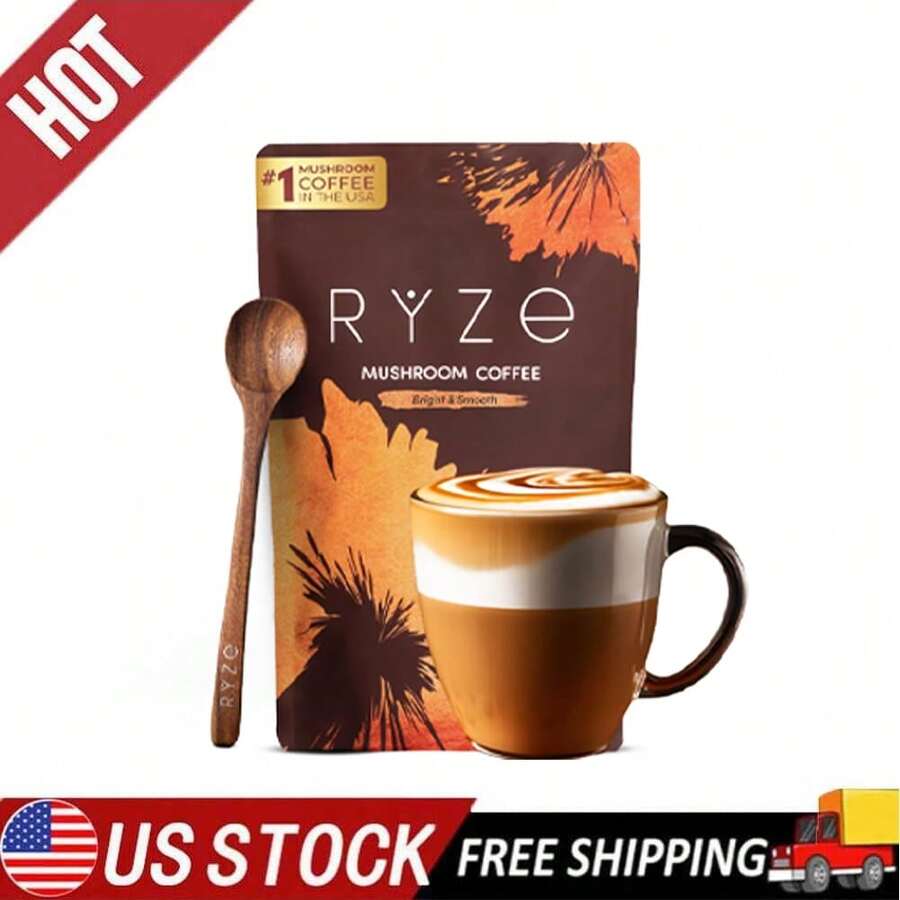 Mushroom Coffee USDA Organic With 6 Adaptogenic Mushrooms And MCT Oil, USA Grown Instant Coffee For Better Energy, Focus, Digestion, Immunity With Lions Mane & Turkey Tail, 30 Servings - 卡其色 - 查看 1