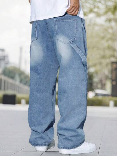 Celana Jeans Pria Model Lebar dengan Bordir Patch Bergaya Distress, Streetwear