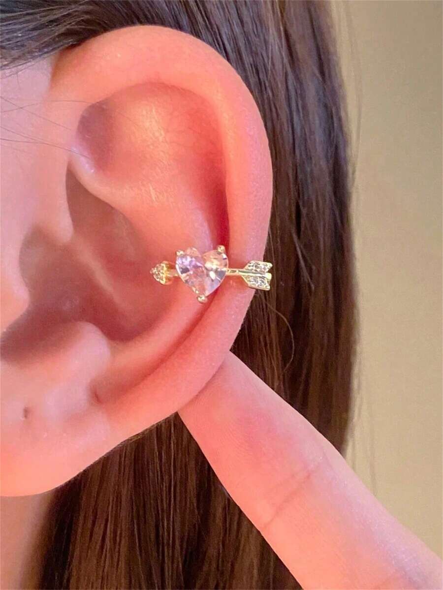 1 chiếc khuyên tai kẹp hình trái tim mũi tên thần Cupid đính đá Zirconia, quà tặng ngày Valentine cho nữ, khuyên tai mạ vàng. - Vàng - Xem 1