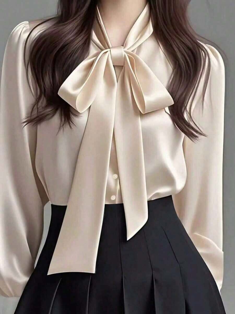 Camisa casual de manga larga de satén blanco elegante para mujer, blusa versátil para ir al trabajo con detalle de cuello con lazo - unicolor apto para todas las estaciones, lavable a máquina, no transparente, tela suave y transpirable, textura de satén refinada, corbata de unicolor para la oficina y uso diario en primavera - Albaricoque - Ver 1