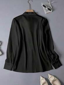 Camisa casual de manga larga de satén blanco elegante para mujer, blusa versátil para ir al trabajo con detalle de cuello con lazo - unicolor apto para todas las estaciones, lavable a máquina, no transparente, tela suave y transpirable, textura de satén refinada, corbata de unicolor para la oficina y uso diario en primavera - Negro - Ver 6