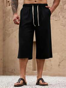 Men's Linen 3/4 Pants, Soft And Comfortable, Suitable For Beach Vacation, Casual Outing, Great Gift For Men - Black - View 5