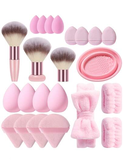 Bộ dụng cụ trang điểm 23 món bao gồm: 1 băng đô cài tóc + 2 dây đeo bát đựng phấn + 4 bông phấn tam giác + 4 mút trang điểm + 3 bộ cọ trang điểm + 4 mút trang điểm mini + 4 bông phấn phủ mini + 1 dụng cụ vệ sinh cọ trang điểm.