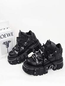 Botas de tobillo con suela gruesa y plataforma, suela blanda, puntera redonda negra de mujer con cordones y elementos metálicos, estilo plano punk casual, moda Y2K Halloween - Negro - Ver 2