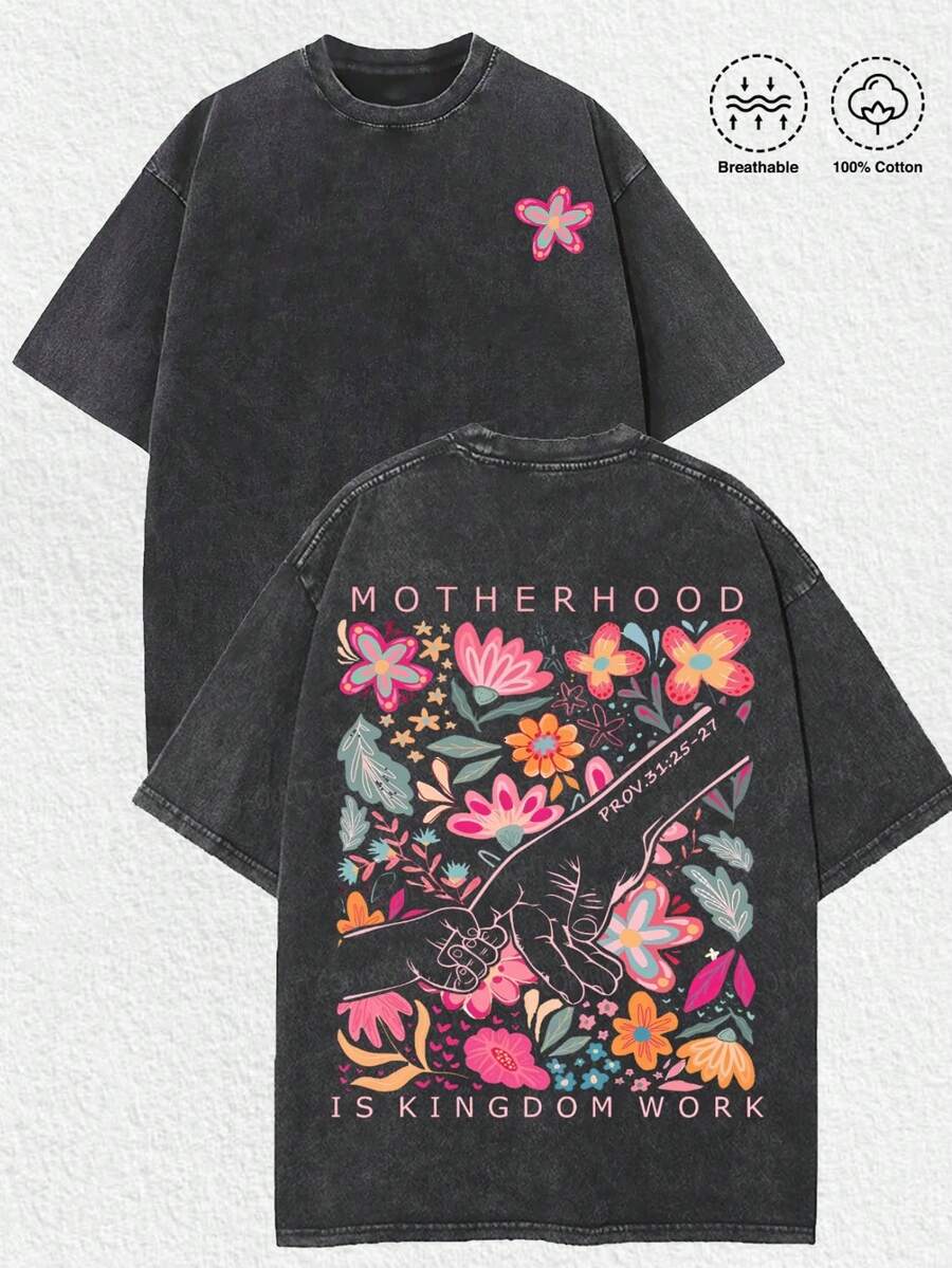 1 PCS Retro Distressed Washed Black Aesthetics Front Pink-Blue Five-Petal Flower Illustration On Left Chest + Back "MOTHERHOOD" Pink Bold Typography, Parent-Child Holding Hands Line Art Illustration Surrounded By Colorful Flowers & Plants, "PROV.31:25-27" Bible Verse Reference, "IS KINGDOM WORK" Pink Bold Typography, Distressed Print 100% Cotton Breathable Unisex Oversized Short Sleeve Tee, Spring/Summer/Fall/Winter All-Season Wear, Christmas Casual Gatherings, Mother's Day Gatherings, Hunting Day Casual Outings, Street Style Hangouts, Faith Fellowship & Worship Meetups, Religious & Urban Fashion Events, Friend Leisure Outings, Daily Urban Wear, Excellent Gift For Mothers & Christian Faith Enthusiasts - màu đen - Xem 1