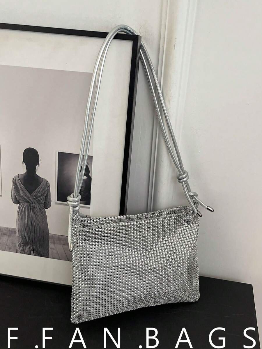 Elegant Small Handbag, Niche Design Clutch Bag, Shoulder Bag, Tote Bag, Sparkling Rhinestone Embellished - Silver - View 1