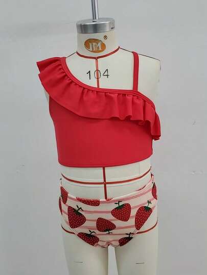 Bộ bikini tam giác in hình dâu tây sọc dành cho bé gái, màu trơn, cổ bất đối xứng.