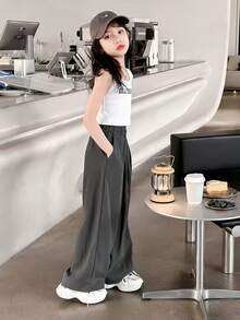 少女寬腿褲，休閒百搭長褲新款兒童服裝 - 灰色 - 查看 4