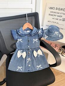 2件套女童甜美时尚优雅喇叭袖蝴蝶结装饰短袖连衣裙+百搭日常渔夫帽，适合日常、户外、上学、通勤、度假、派对、牛仔裙等场合。 - 藍色 - 查看 1