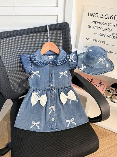 2pcs/Set Baby Girls' Sweet Fashion Elegant Flare Sleeve Bow Decor Cap Sleeve Dress + Versatile Daily Wear Bucket Hat, Suitable For Daily, Outdoor, School, Commute, Holiday, Party, Denim Dress