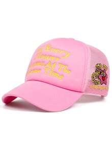 Boné de Caminhoneiro Bordado "Nem Todas as Flores Florescem ao Mesmo Tempo", Boné de Beisebol de Tela Rosa para Homens, Boné de Sol de Verão Ajustável e Respirável com Bordado Cartoon, Acessório de Cabeça Fofo Estética Y2K para Uso Diário Externo, Praia, Férias - carta - Visão 9