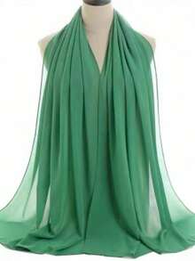 1pc Casual & Versatile Modest Hijab Solid Color Soft & Breathable Chiffon Scarf, Spring/Summer,Beach,Holiday - Green - View 3