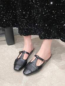 女士平底拖鞋，方头，柔软皮革，低跟，无后跟凉拖，适合春夏休闲穿着 - 黑色 - 查看 2