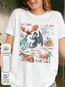 Áo thun nữ cỡ lớn in hình rồng nhiều màu sắc, cổ tròn, tay ngắn, thích hợp mặc hàng ngày, mùa hè. Áo thun nữ trắng cổ tròn, tay ngắn, in hình rồng, kiểu dáng vintage, thích hợp mặc đi học. Phong cách thường ngày. - trắng - Xem 1