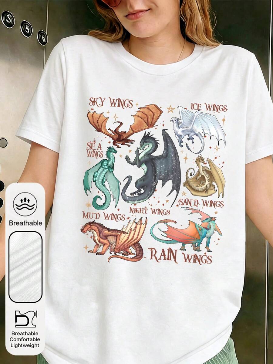 Áo thun nữ cỡ lớn in hình rồng nhiều màu sắc, cổ tròn, tay ngắn, thích hợp mặc hàng ngày, mùa hè. Áo thun nữ trắng cổ tròn, tay ngắn, in hình rồng, kiểu dáng vintage, thích hợp mặc đi học. Phong cách thường ngày. - trắng - Xem 1
