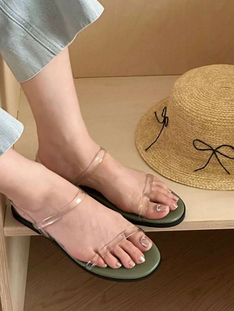Sandal đế bằng quai trong suốt tối giản dành cho nữ, thích hợp cho mùa hè. - màu xanh lá - Xem 1