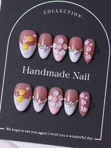 10pcs/Set Handmade Short Almond Shaped Nail Stickers In Y2K Pink, With French Style Design, 3D Hand Carved Patterns And Handcrafted Diamond And Pearl Designs. Comes With 1 Piece Of Jelly Gel And 1 Nail File. Perfect For Daily Use As Well As For Costumes At Coachella Music Festival, Press On Nails And Nail Care Products. - Pink - View 1