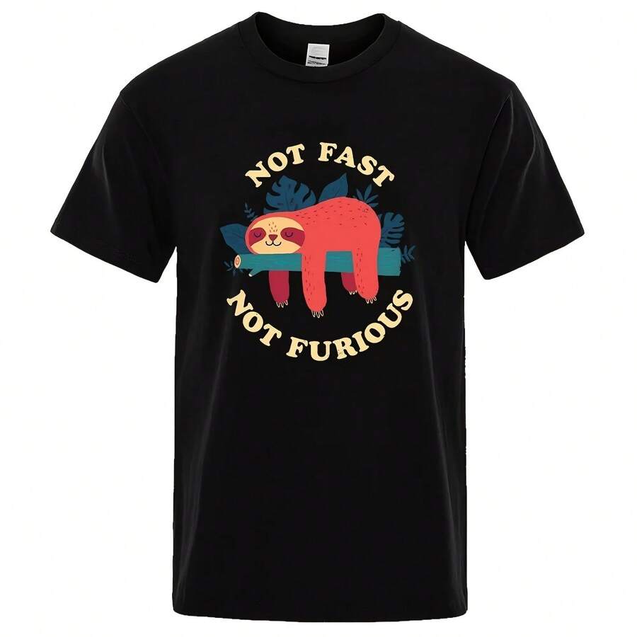 Not Fast Not Furious Sloth Men T Shrt Cute Cartoon Women Tshirts Breathable Top Tee Fashion T-Shirt - 黑色 - 查看 1