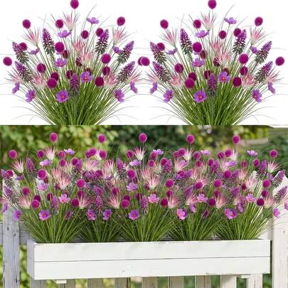 6pcs/Set Spring Outdoor Artificial Flowers | Simulated Mixed Purple Pom Pom Spiked Gesang Flowers - With Green Leaves, Outdoor Artificial Flowers | Suitable For Front Porch, Outdoor Weddings And Parties, Window Boxes, Patios, Garden Decorations, Patios, Spring Decorations, Anniversaries