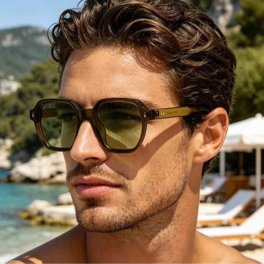 1副男士方形简约铆钉百搭时尚眼镜 - 綠色 - 查看 1