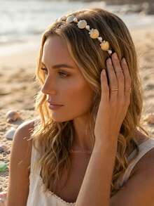 Women Gold Seashell Pearl Headband, Ocean Beach Mermaid Hairband, Nautical Theme Metal Hair Hoop Accessory For Summer Vacation Party Cosplay - Multicolor - View 9