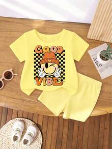 Set di maglietta a maniche corte e pantaloncini con stampa cartoni animati, casual, per ragazze, estivo - Giallo - Visualizzare 3