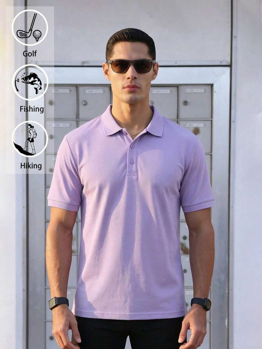 男士淺紫色純色短袖 Polo 衫，經典領口，休閒百搭運動上衣
