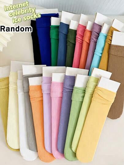 1/5/10/20/30 Pairs Random Assorted Ultra-Thin Solid Color New Style Ice Silk Socks, Women Thin Short Socks, Mid-Calf Socks, Velvet Pile-Up Socks, Spring/Summer