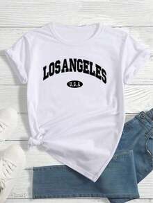 Relaxed Fit Women's T-Shirt Fitted Tops Print Y2K Crew Neck Tee-Women'S Casual Los Angeles Alphabet Print T-Shirt, Short Sleeve Crew Neck, Summer Knit Polyester Top With 5% Elastane, Regular Length - Black-Summer Festival Fashionsummer Outfits For Women - 白色 - 查看 7