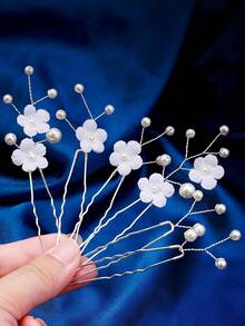 6 Stücke/Set elegante weiße Stoff Blumen & Perlen Braut Haarspangen, silberne verdrehte Draht Haargabeln für Hochzeitsfrisuren, minimalistische silberne Braut Haarzubehör, 6 Stücke handgemachte Perlen & Stoff Blumen U-förmige Haarteile, Sommer, Strand, Festival, Party - Weiss - Übersicht 9