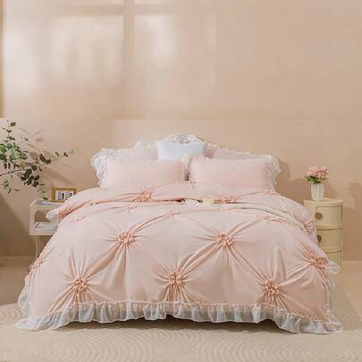 Bộ 3 món ga trải giường xếp ly 3D tinh tế, chất liệu chiffon trắng viền trang trí kiểu công chúa ngọt ngào (1 ga trải giường + 2 vỏ gối), vải cao cấp 110g/m2, màu hồng/trắng ấm cúng trang trí phòng ngủ bé gái, có thể giặt máy và tháo rời, phù hợp cho mọi mùa.