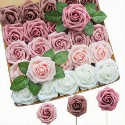 27pcs Set (25 Rose Flowers, 2 Leaves) Artificial Ivory Foam Roses With Stems, Suitable For DIY Wedding Bouquets, Bridal Shower Centerpieces, Party Table Decor, Valentine's Day And Mother's Day (Excluding Gift Box)