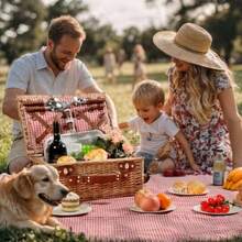 Juego de cesta de picnic de mimbre para 4 personas con compartimento refrigerador y manta impermeable de picnic correa extraíble bolsa de vino juego de cubiertos para camping viajes de día playa - Rojo - Ver 3
