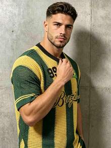Vintage Sports Jersey V-Neck Striped Short Sleeve T-Shirt, Spring/Summer - Green - View 4