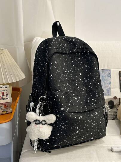 Y2K星空印花女式背包，可爱美学书包，带毛绒挂件，轻便休闲日用背包，适合青少年女孩，旅行笔记本电脑背包，黑色渐变星空书包