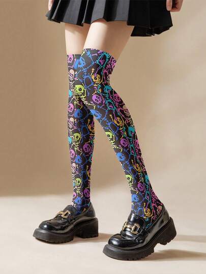 1 Pair / 2 Pairs 360 Degree Colorful Skeleton Print Over-The-Knee High Socks, 50D High Elasticity Slimming Leg Socks, Subculture Sweet Punk Style For Halloween Outfit
