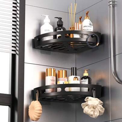 1 Set Wall-Mounted Bathroom Corner Shelf, Hollow Angle Rack. Please Wait 24 Hours After Installation. Home Bathroom Decor, Bathroom Storage And Organization, Autumn Decor, Back To School Season