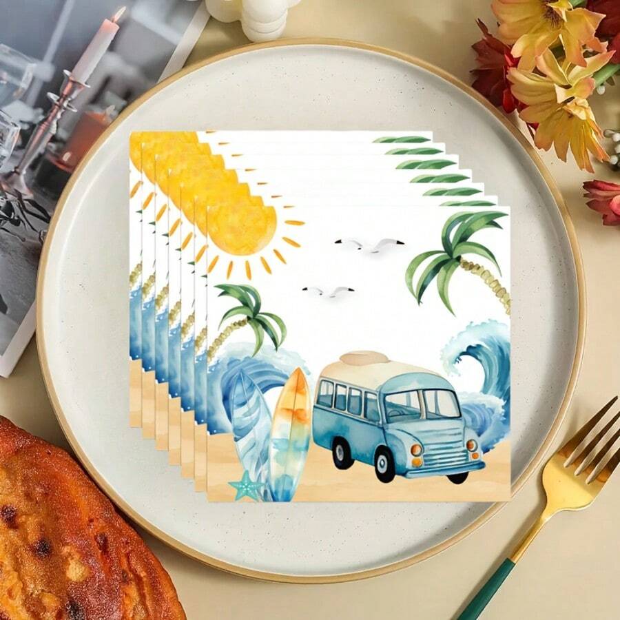 Watercolor Summer Beach Disposable Dinner Paper Napkins, 20pcs/40pcs/60pcs,2-Ply Camper Van Surfboard Print Luncheon Napkins, Tropical Hawaiian Luau Party Tableware Supplies For Beach Birthday Party Decorations Surf Party Supplies 6.5x6.5 Inches - View 1