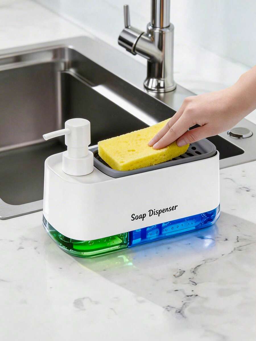 厨房皂液器，洗洁精分配器，多功能按压式皂液器带海绵，大容量可重复灌装瓶，适用于厨房和浴室水槽台面，厨房收纳，浴室皂液器，厨房小工具，浴室配件，现代家居装饰，婚礼季用品，母亲节礼物，父亲节礼物，返校用品