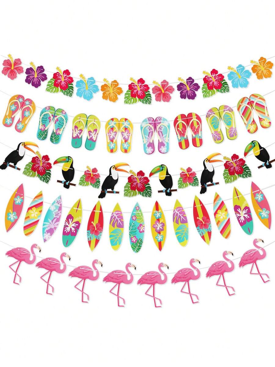 1 Bộ cờ trang trí tiệc Hawaii, 5 kiểu dáng chủ đề nhiệt đới bao gồm chim hồng hạc, hoa dâm bụt, chim toucan, ván lướt sóng, dép xỏ ngón, vòng hoa Aloha đầy màu sắc, trang trí tiệc phiêu lưu rừng rậm Hawaii, trang trí tiệc hồ bơi mùa hè, trang trí sân sau bãi biển hồ bơi mùa hè chống tia UV