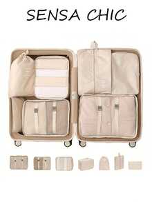 7Pcs Beige Fabric Travel Storage Bag Set, Multi-Function Waterproof Clothing Sorting Pouches, For LWeekend Getaways, Daily Business Commute - Beige - View 8
