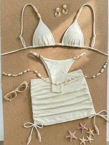 Bikinx Bộ bikini hai mảnh thanh lịch 2026 dành cho nữ, dây mảnh, đính ngọc trai và viền bèo nhún có dây rút, độ co giãn cao. - Màu be - Xem 2