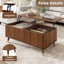 Modern Retro-Style Coffee Table, Height-Adjustable Tabletop, Wavy Structure, Walnut Finish, Wooden Legs, Ample Storage Space, Multifunctional Living Room Table. - Walnut Wood Color - View 7