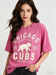 Vintage Washed Chicago Cubs Baseball Graphic Tee | Retro Windy City T-Shirt - 玫紅色10 - 查看 1