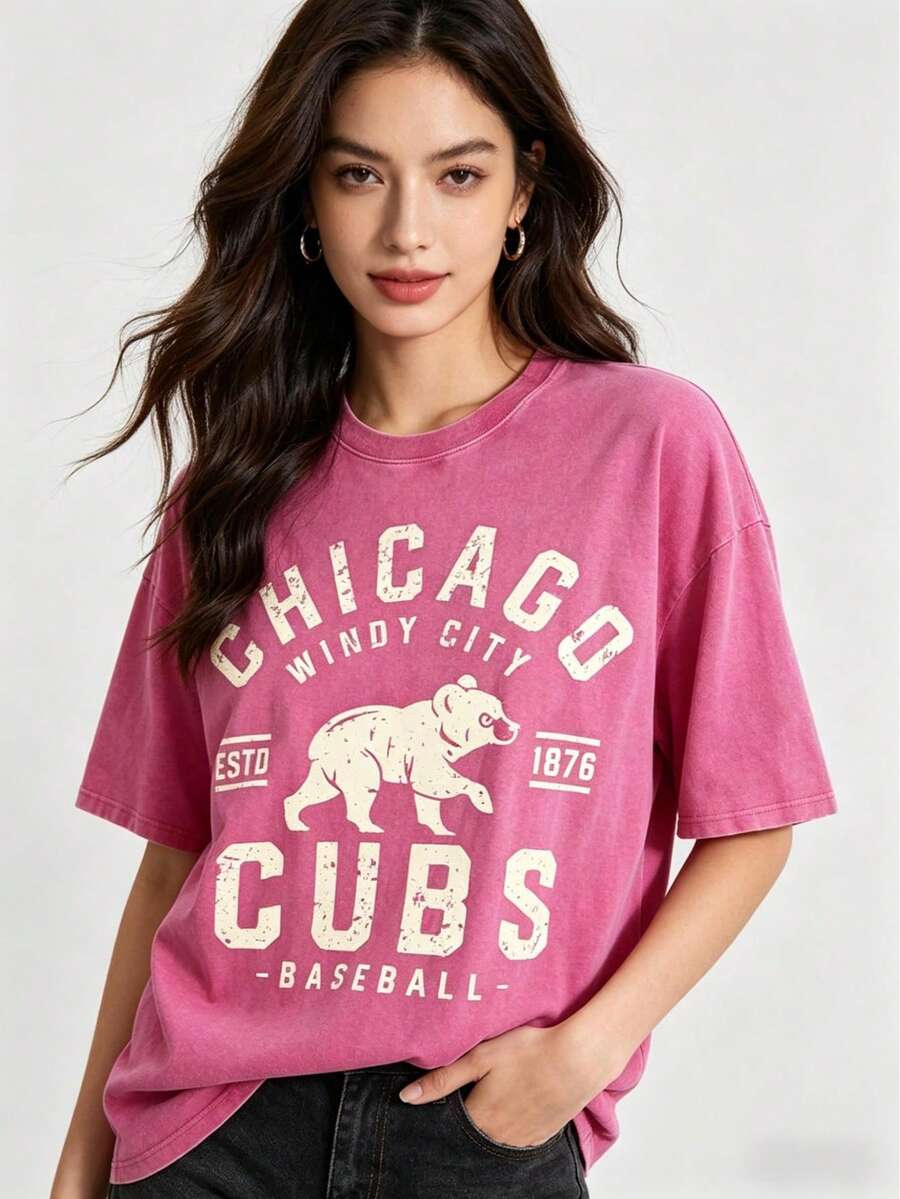Vintage Washed Chicago Cubs Baseball Graphic Tee | Retro Windy City T-Shirt - 玫紅色10 - 查看 1